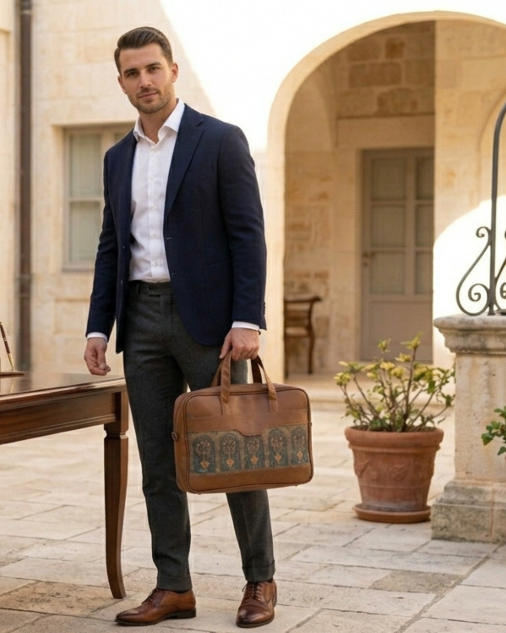Men's Ethnic Canvas & PU Leather Laptop Office Bag