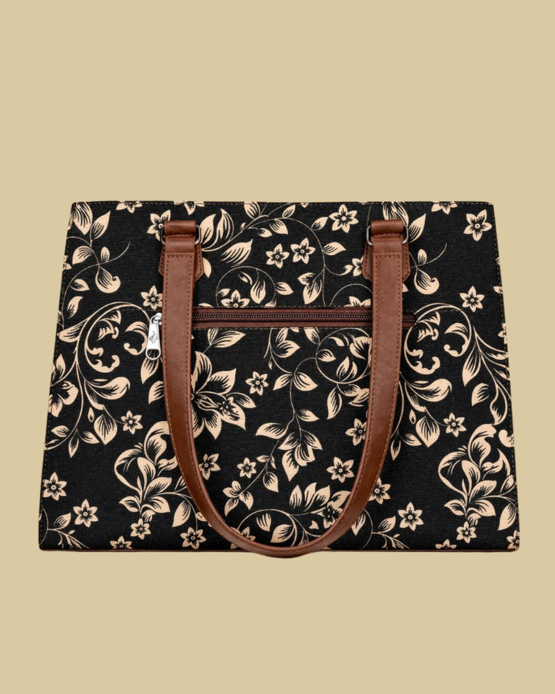 Black Floral Premium Brown Faux Leather Professional Handbag for Women