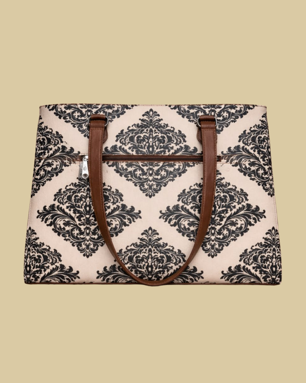 Classic Beige Damask Premium Brown Faux Leather Professional Handbag for Women