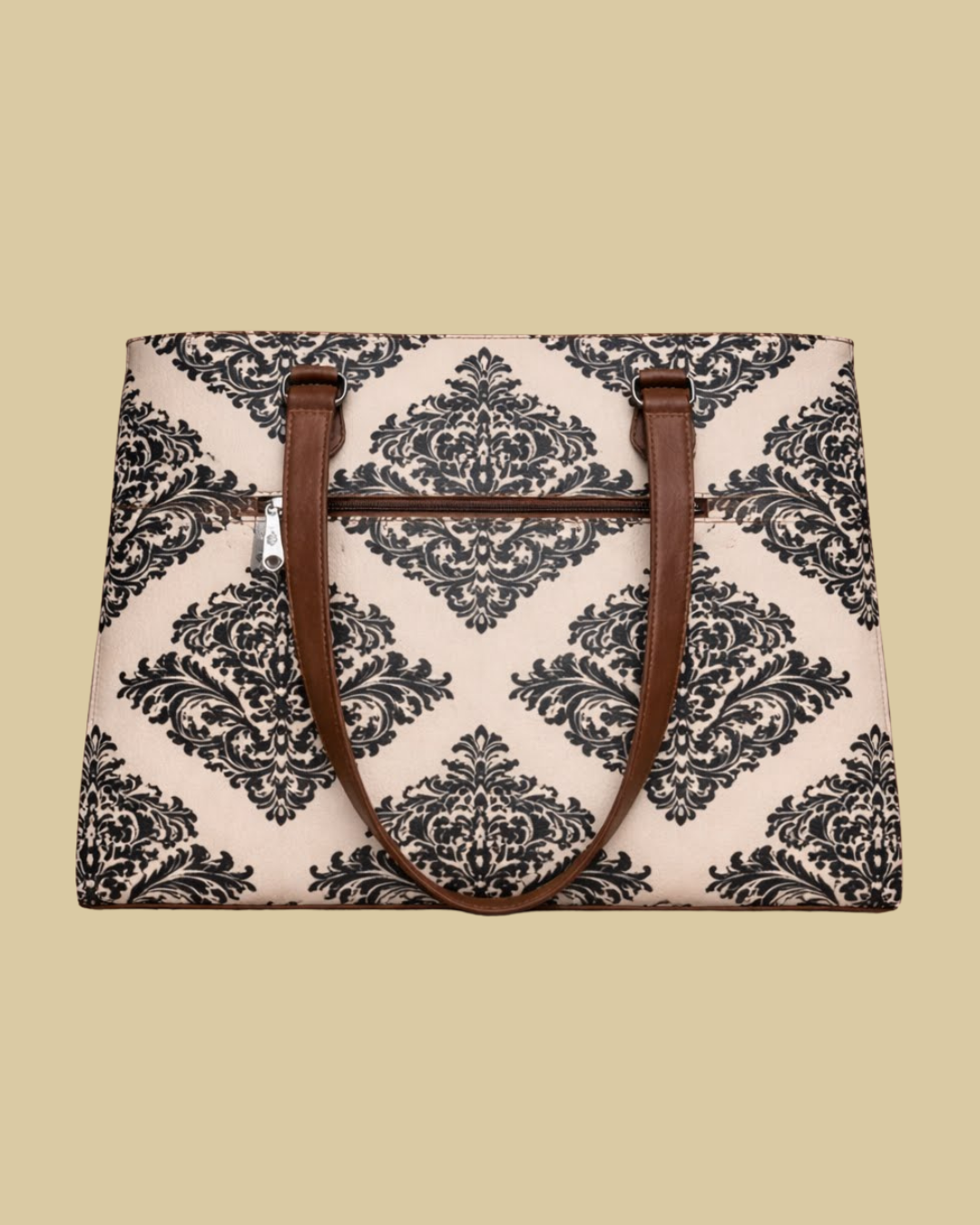 Classic Beige Damask Premium Brown Faux Leather Professional Handbag for Women