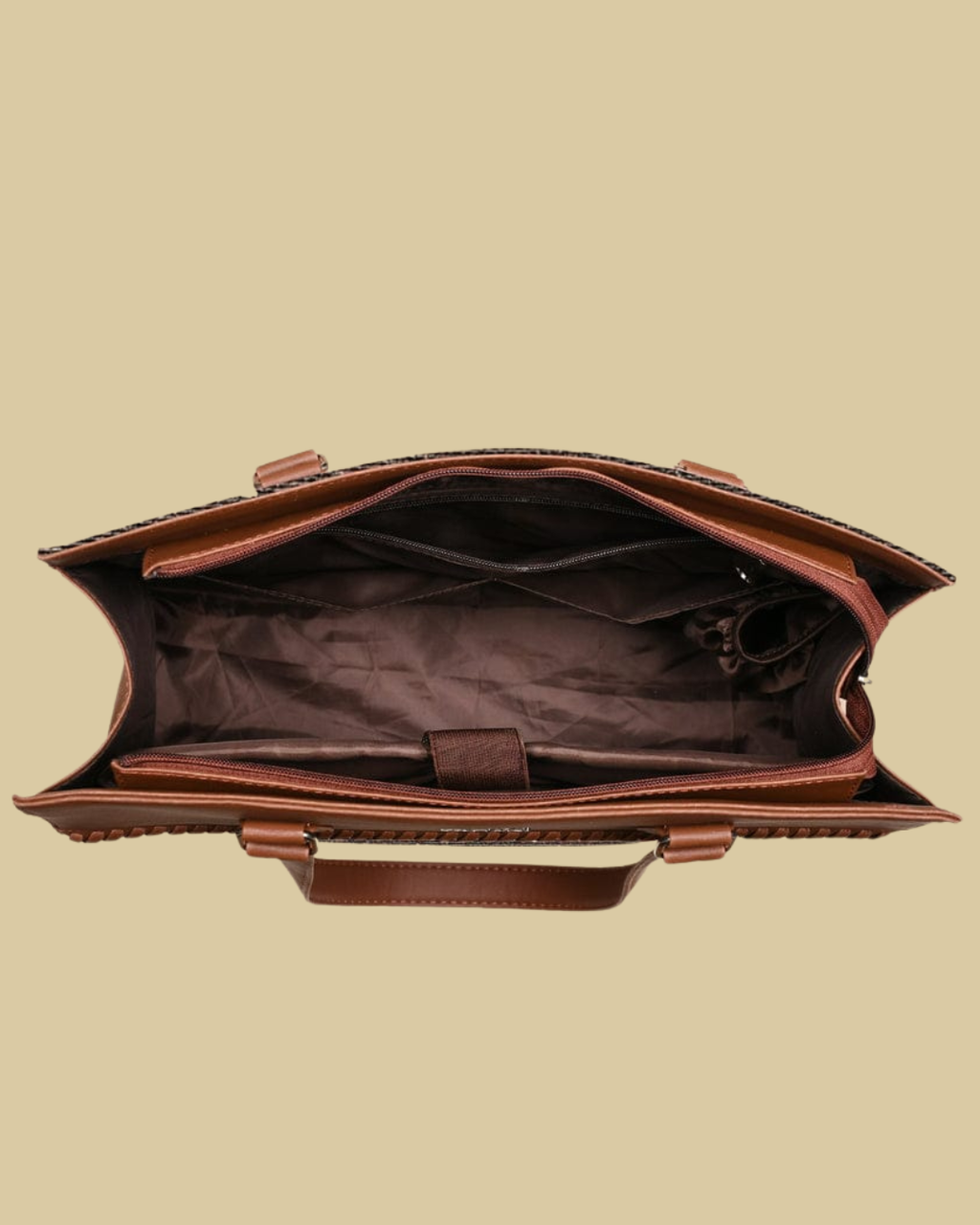 Classic Beige Damask Premium Brown Faux Leather Professional Handbag for Women