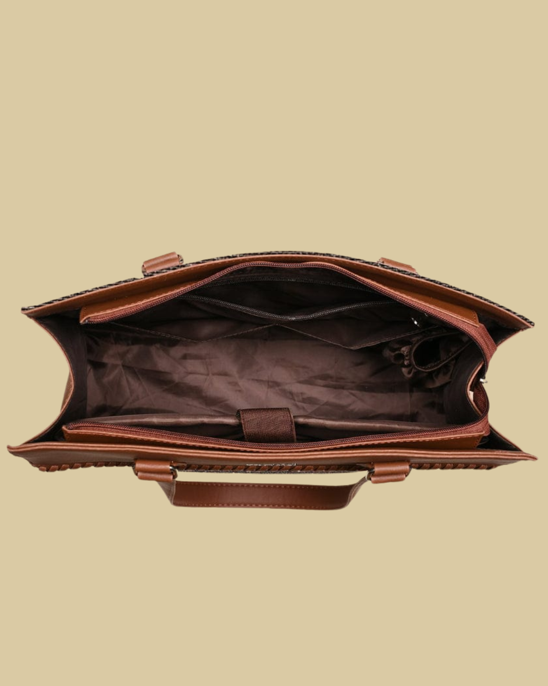 Classic Beige Damask Premium Brown Faux Leather Professional Handbag for Women