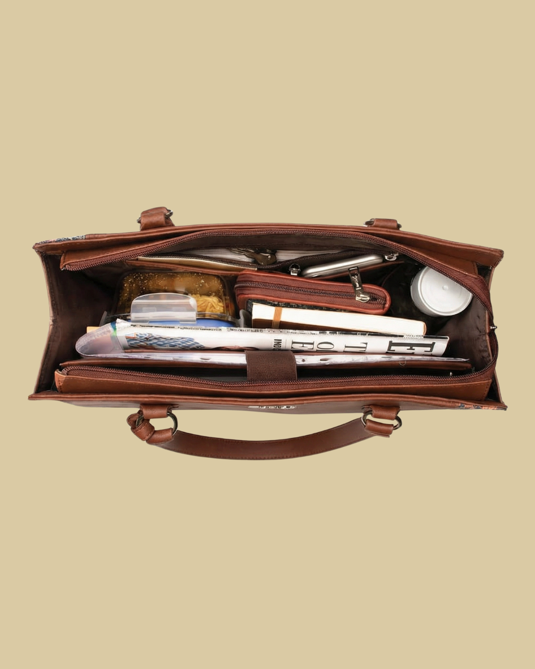 Elegant Beige Faux Leather Finish Office Chic Carry Bag for Women