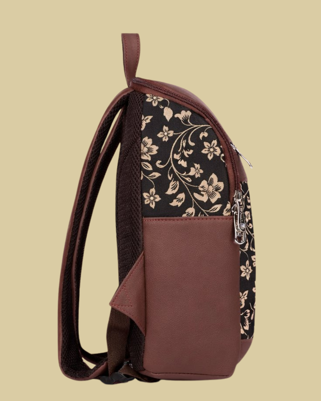 Black Floral Backpack with Faux Leather Finish & Laptop Storage