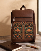 Dark Ethnic Arch Print Backpack with Faux Leather Finish & Laptop Storage