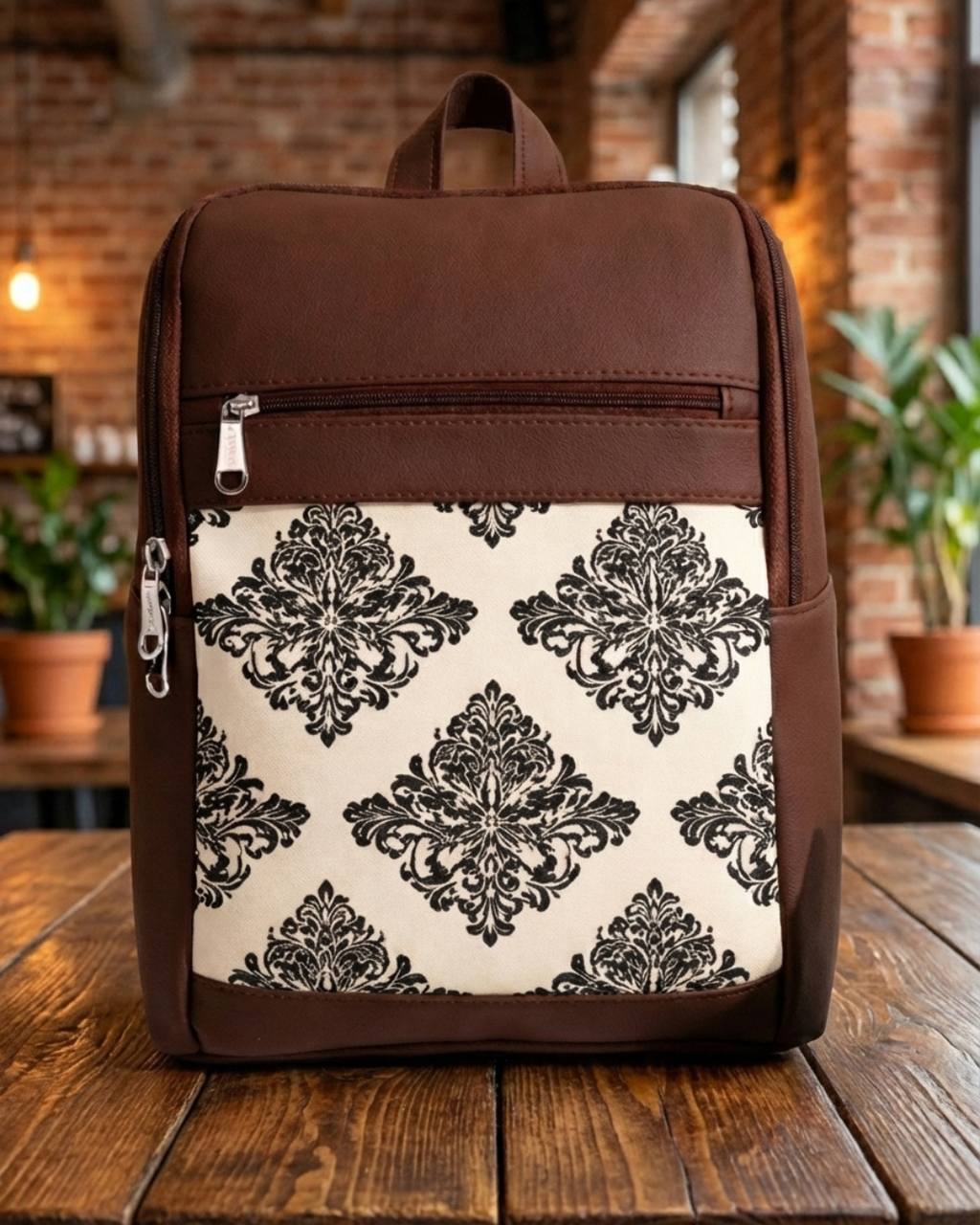 Ethnic Print Backpack with Faux Leather Finish & Multiple Compartments