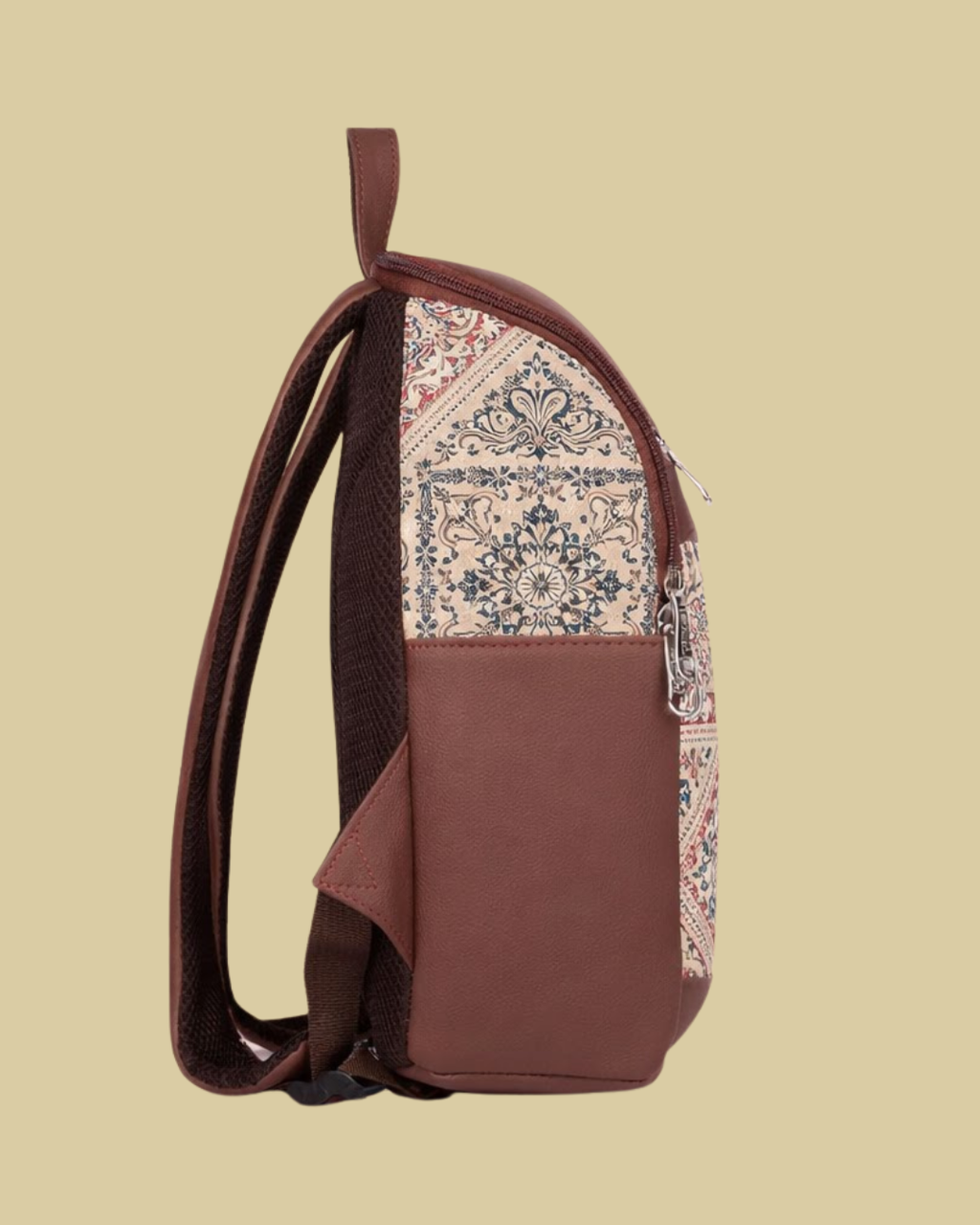 Beige Ethnic Diamond Backpack with Faux Leather Finish & Laptop Storage