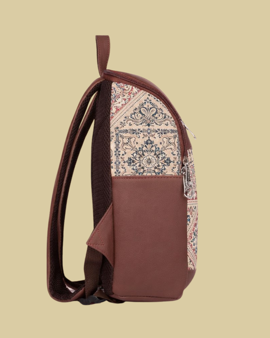 Beige Ethnic Diamond Backpack with Faux Leather Finish & Laptop Storage