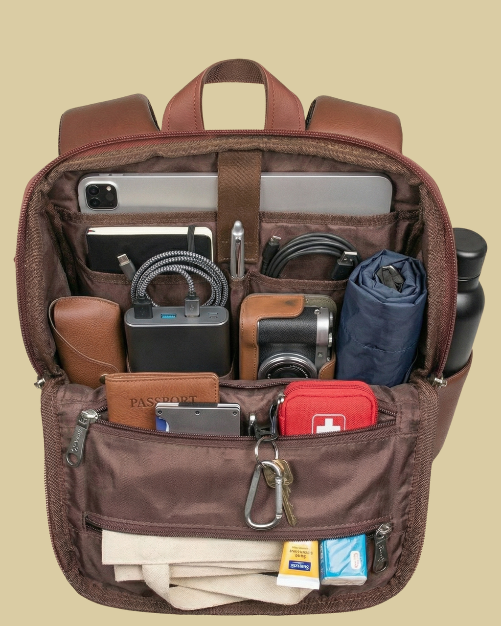 Beige Geometric Backpack with Faux Leather Finish & Laptop Storage