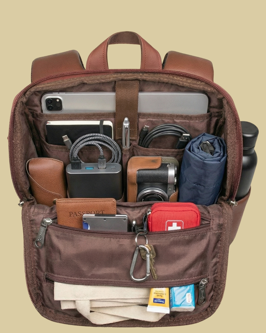 Beige Geometric Backpack with Faux Leather Finish & Laptop Storage
