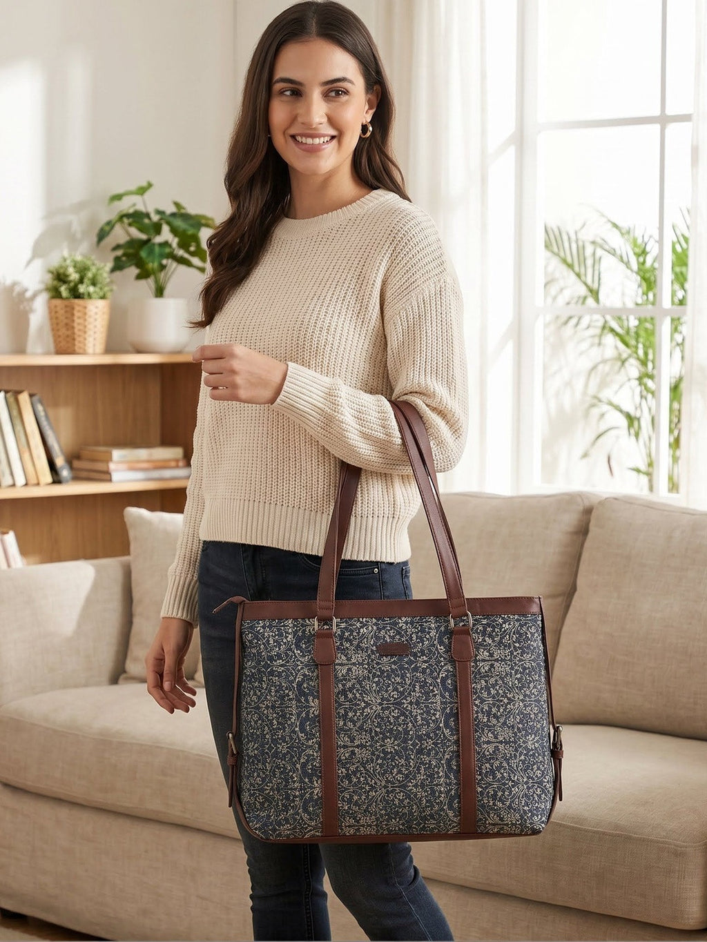 Women's Vintage Floral Canvas Office Tote Bag with Faux Leather Handles | Large Work & Laptop Tote