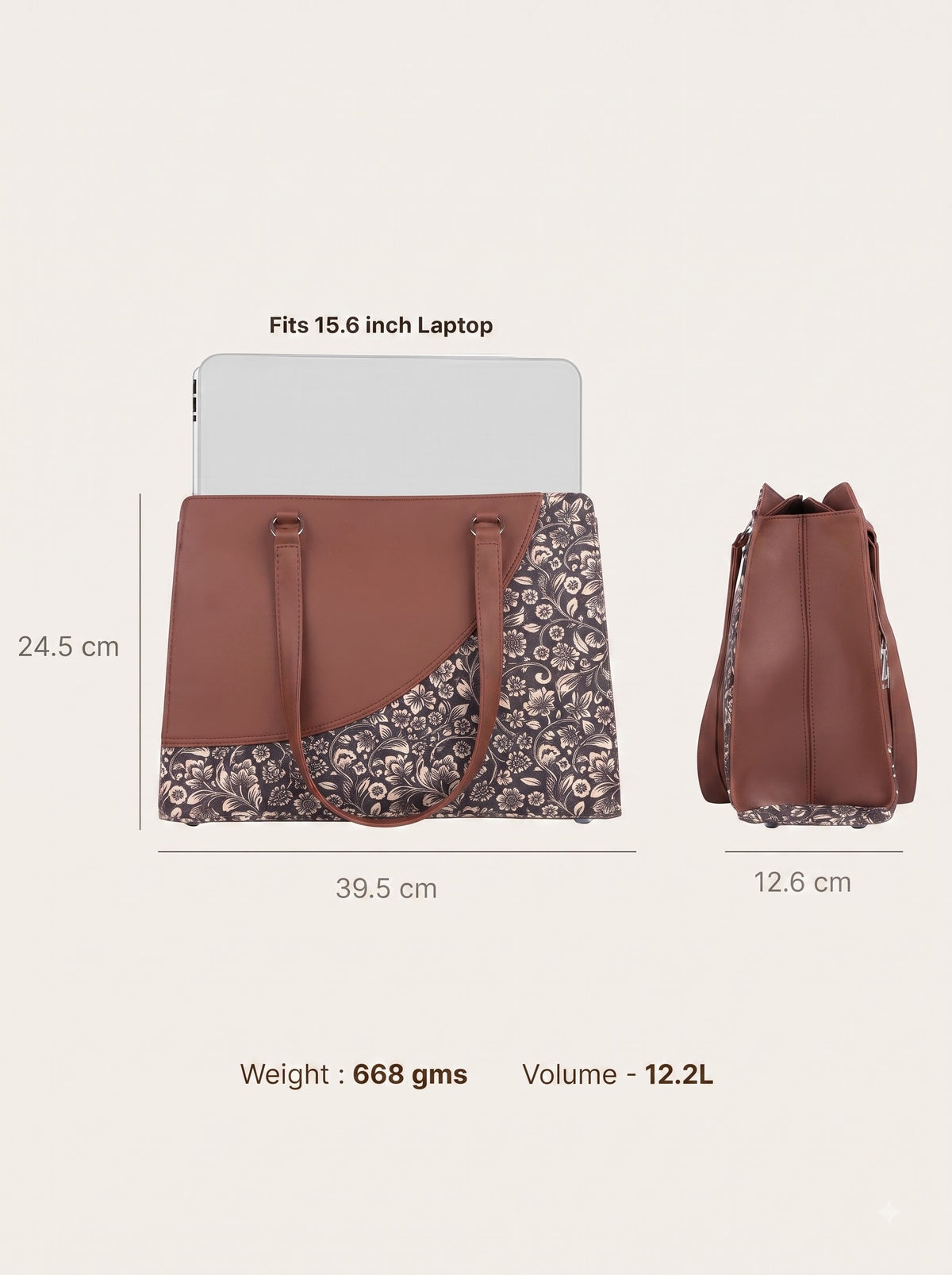 Premium Brown Faux Leather & Floral Fabric Office Chic Carry Bag for Women