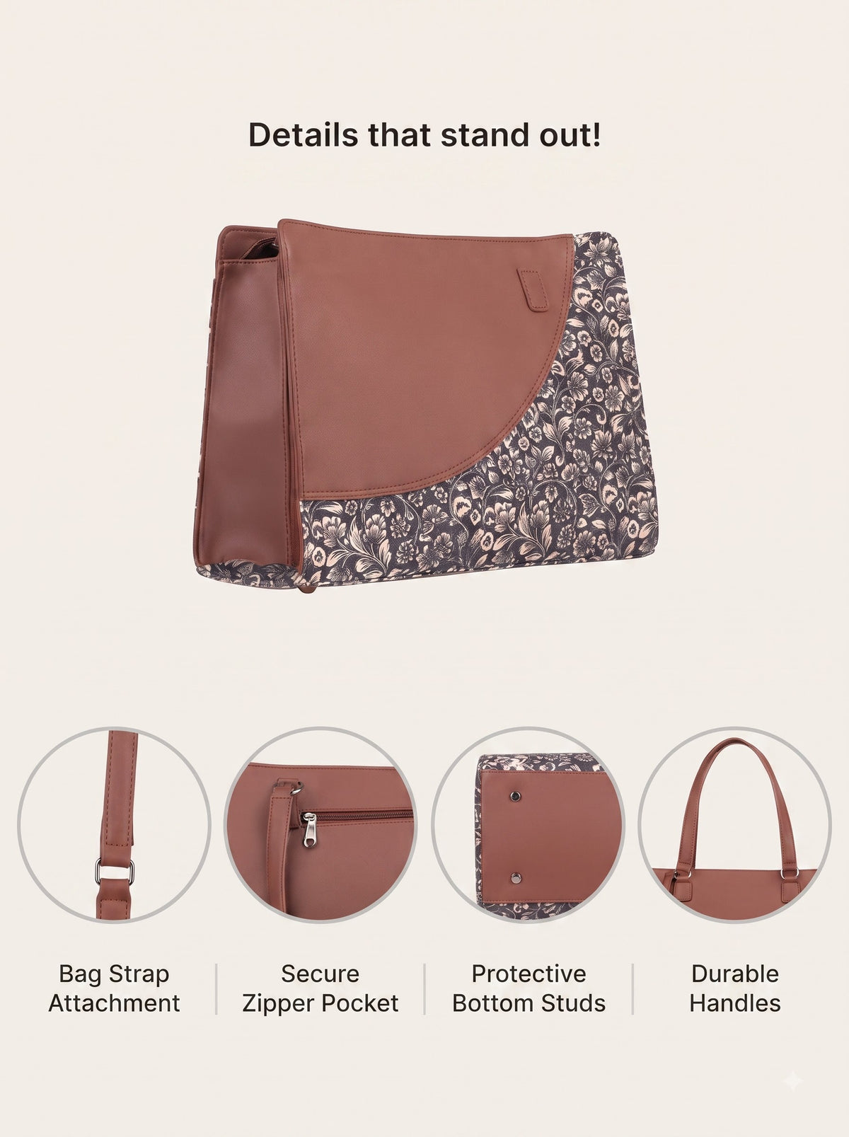 Premium Brown Faux Leather & Floral Fabric Office Chic Carry Bag for Women