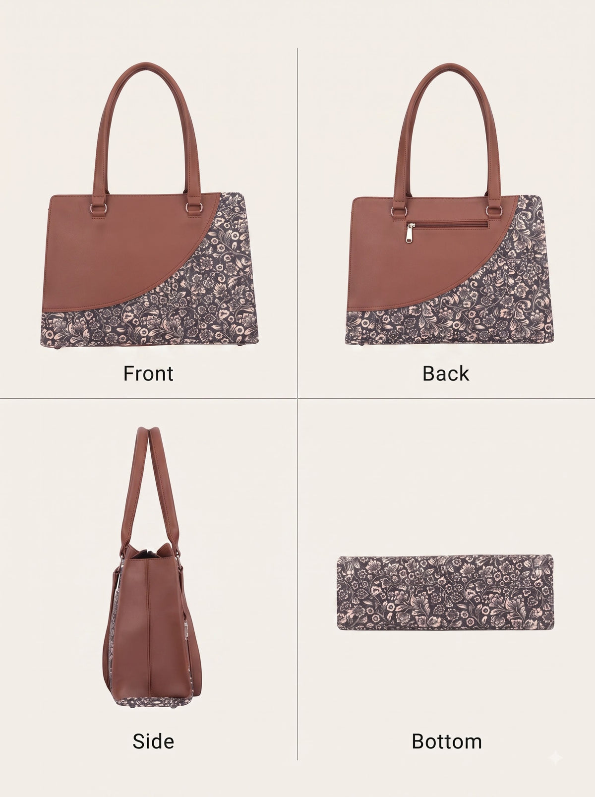 Premium Brown Faux Leather & Floral Fabric Office Chic Carry Bag for Women