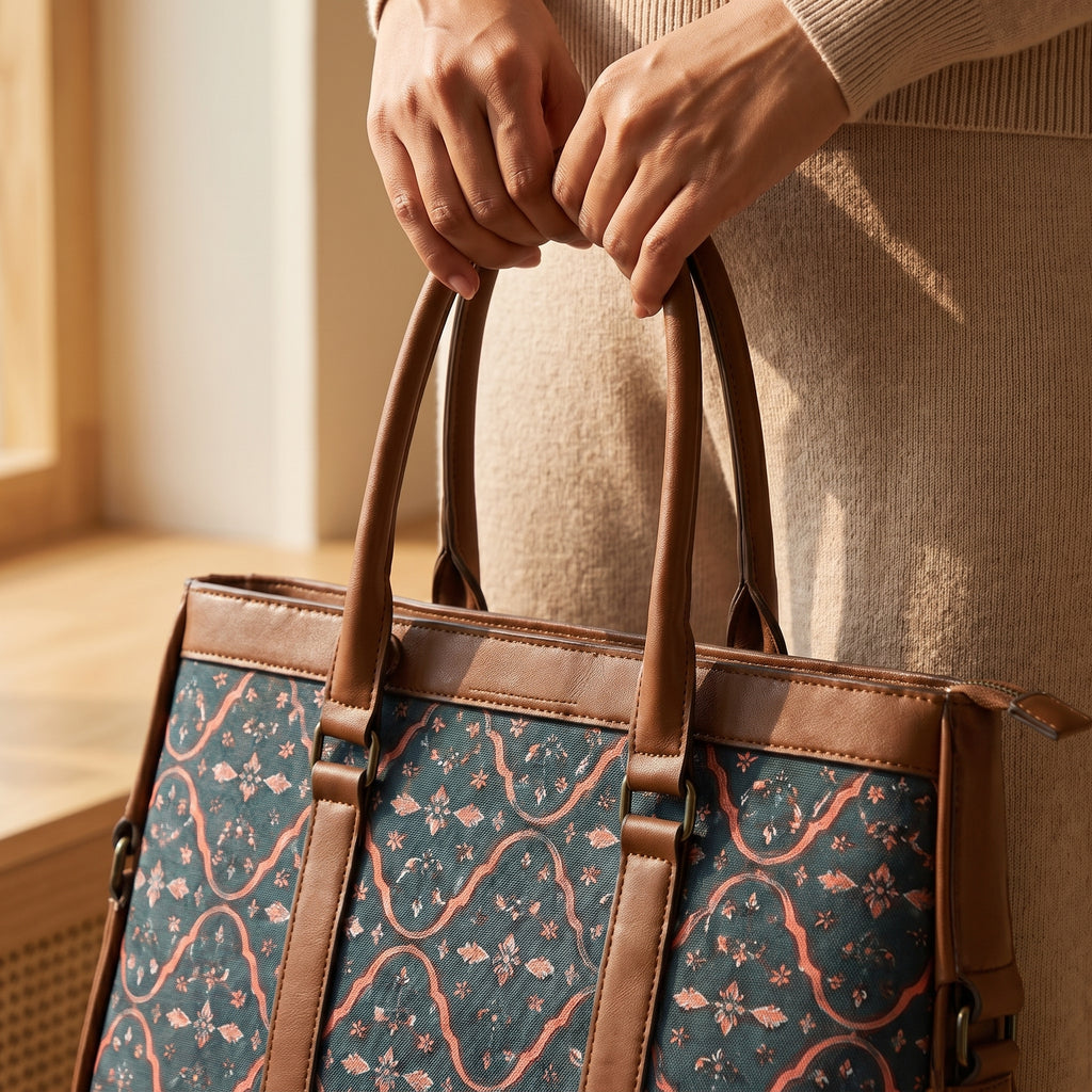 Women's Premium Midnight Blue Floral Printed Canvas Office Tote Bag