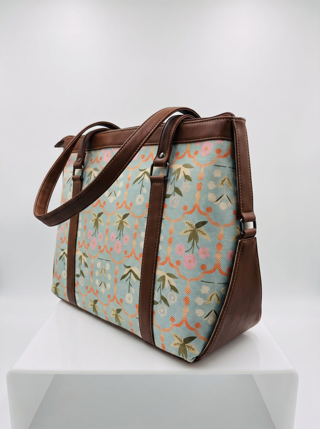 Women's Premium Pastel Floral Canvas Office Tote Bag with Faux Leather Handles & Shoulder Strap