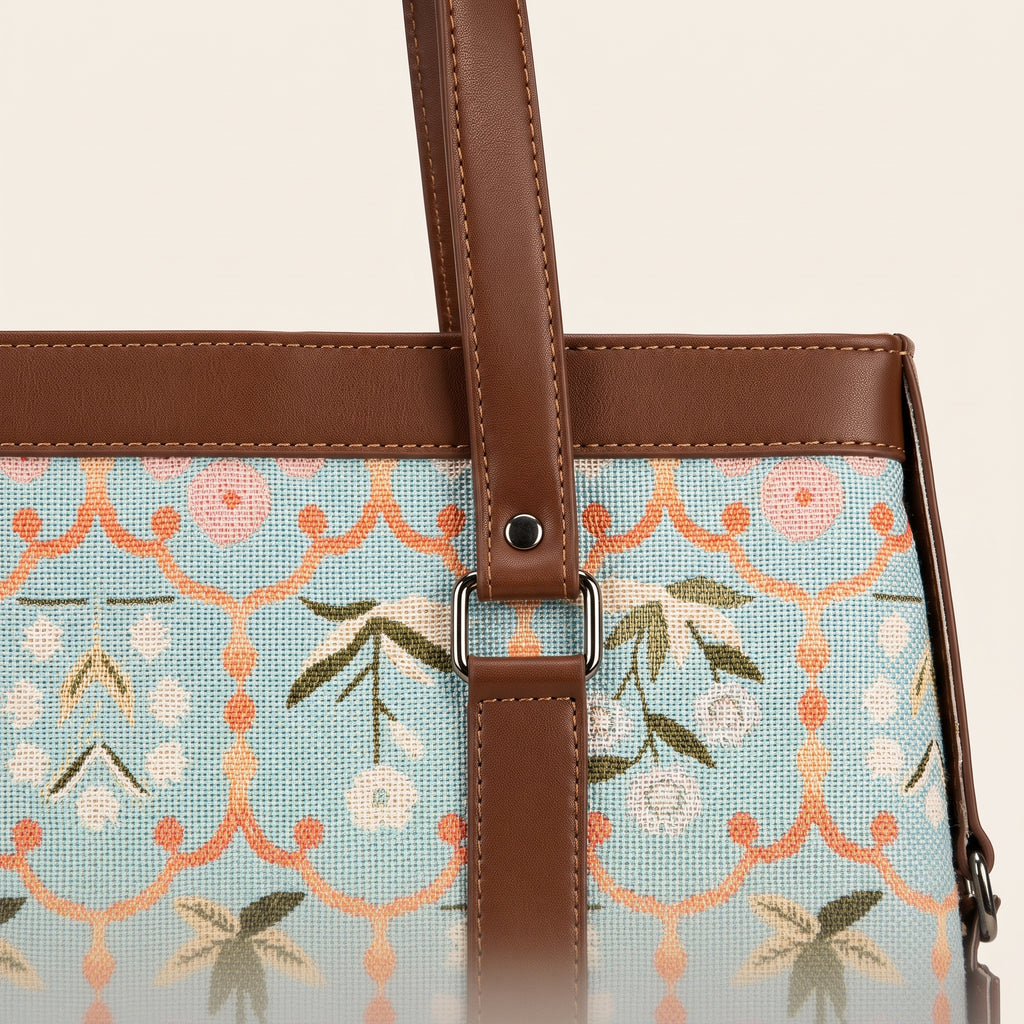 Women's Premium Pastel Floral Canvas Office Tote Bag with Faux Leather Handles & Shoulder Strap