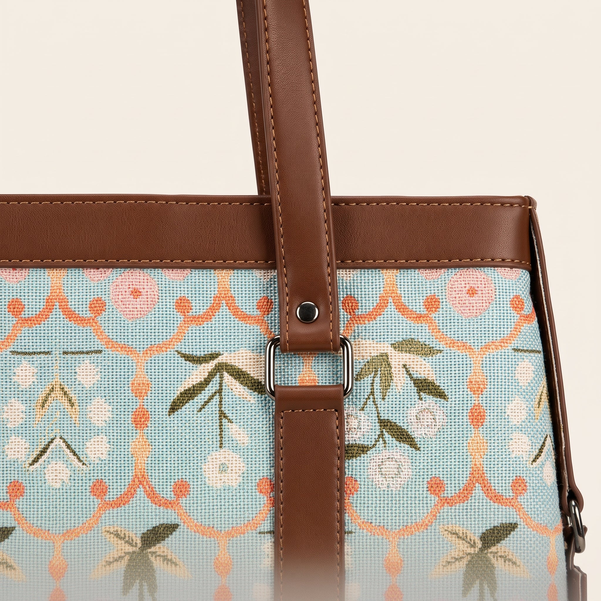 Women's Premium Pastel Floral Canvas Office Tote Bag with Faux Leather Handles & Shoulder Strap