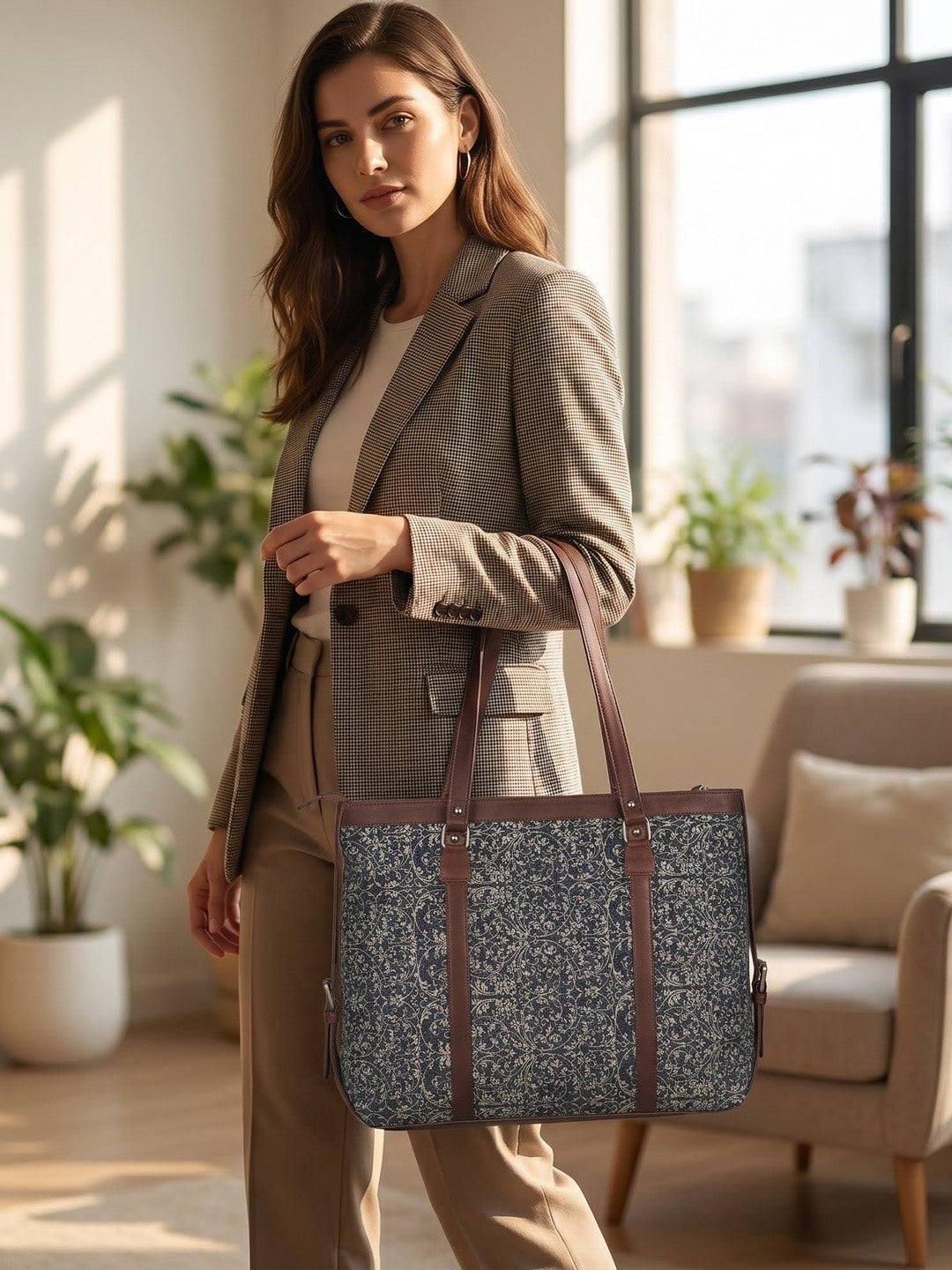Women's Vintage Floral Canvas Office Tote Bag with Faux Leather Handles | Large Work & Laptop Tote