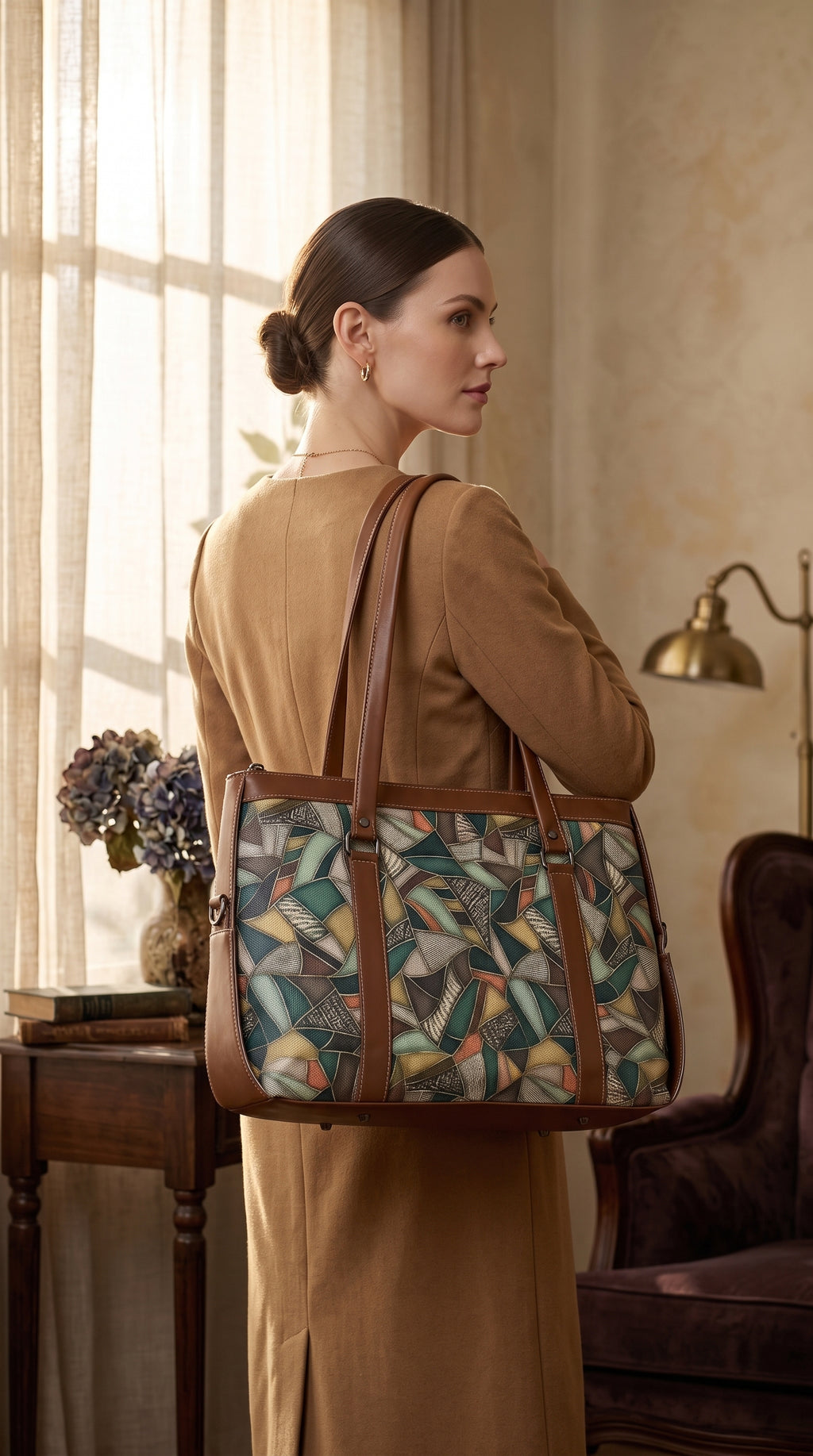Women's Premium Abstract Geometric Canvas Office Tote Bag with Faux Leather Handles & Shoulder Strap