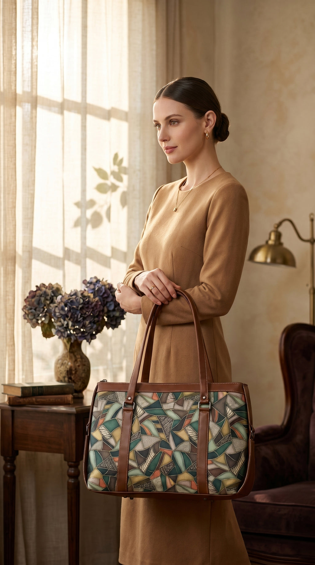 Women's Premium Abstract Geometric Canvas Office Tote Bag with Faux Leather Handles & Shoulder Strap