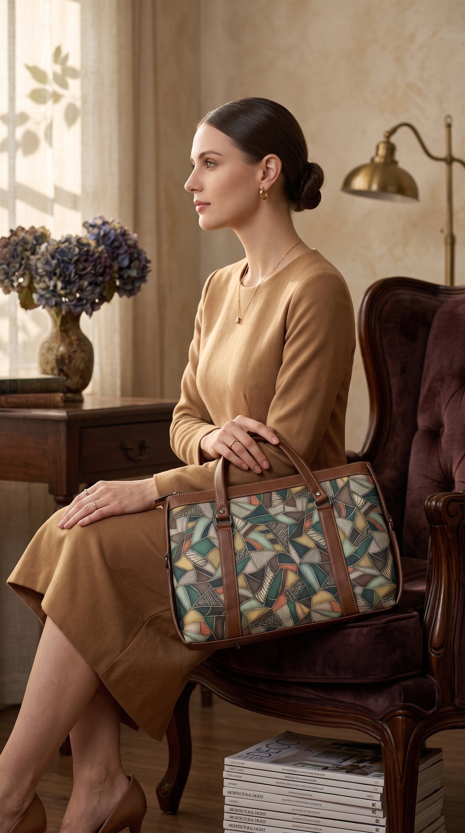 Women's Premium Abstract Geometric Canvas Office Tote Bag with Faux Leather Handles & Shoulder Strap