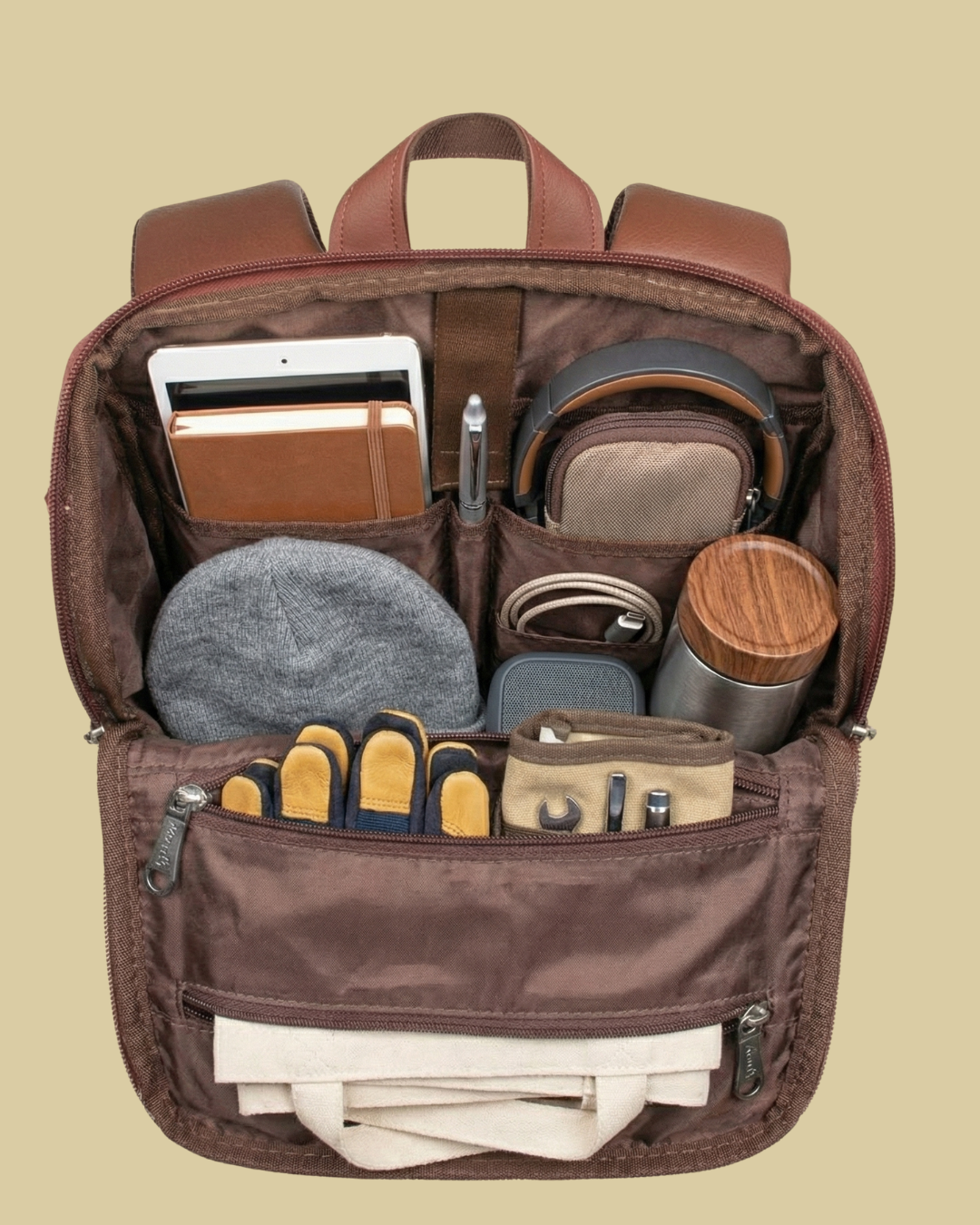 Beige Ethnic Diamond Backpack with Faux Leather Finish & Laptop Storage