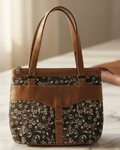 Black Floral Shoulder Bag Faux Leather Handles for Women