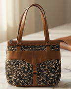 Black Floral Shoulder Bag Faux Leather Handles for Women