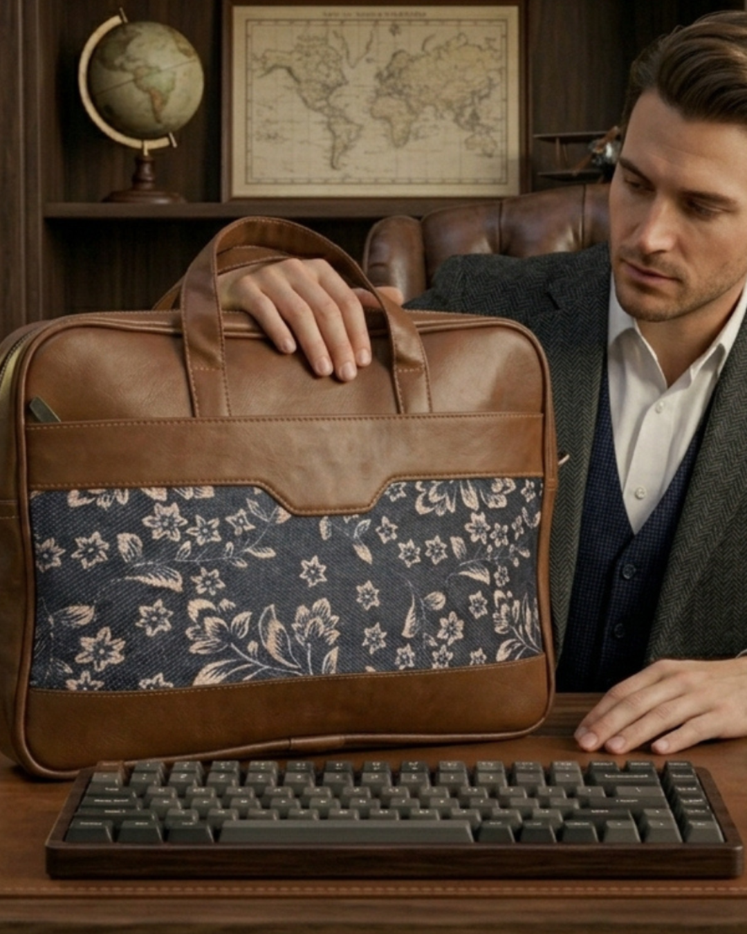 Men's Floral Canvas & PU Leather Laptop Office Bag
