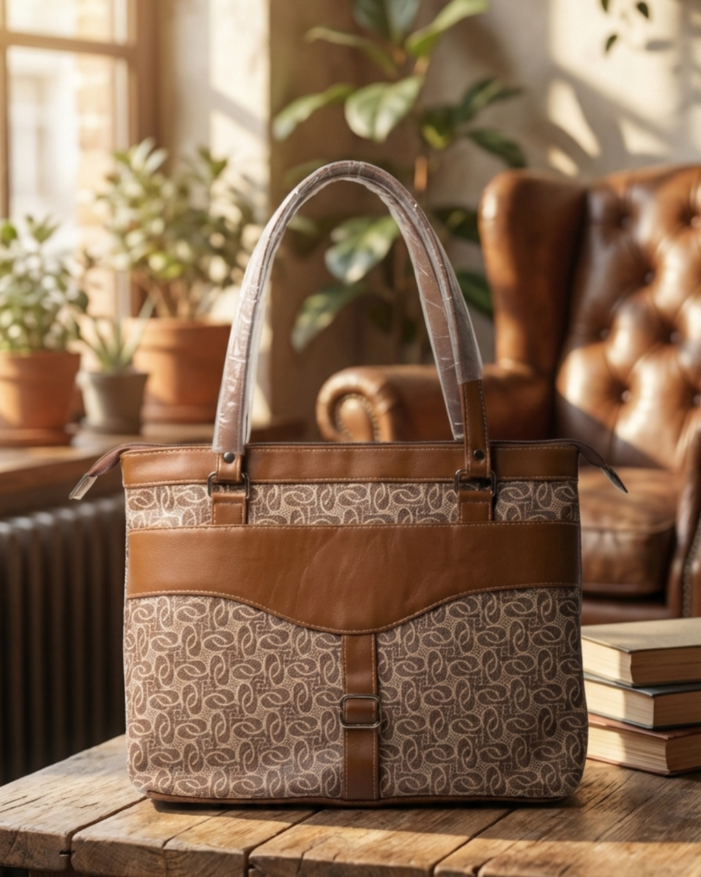Beige Abstract Shoulder Bag Faux Leather Handles for Women