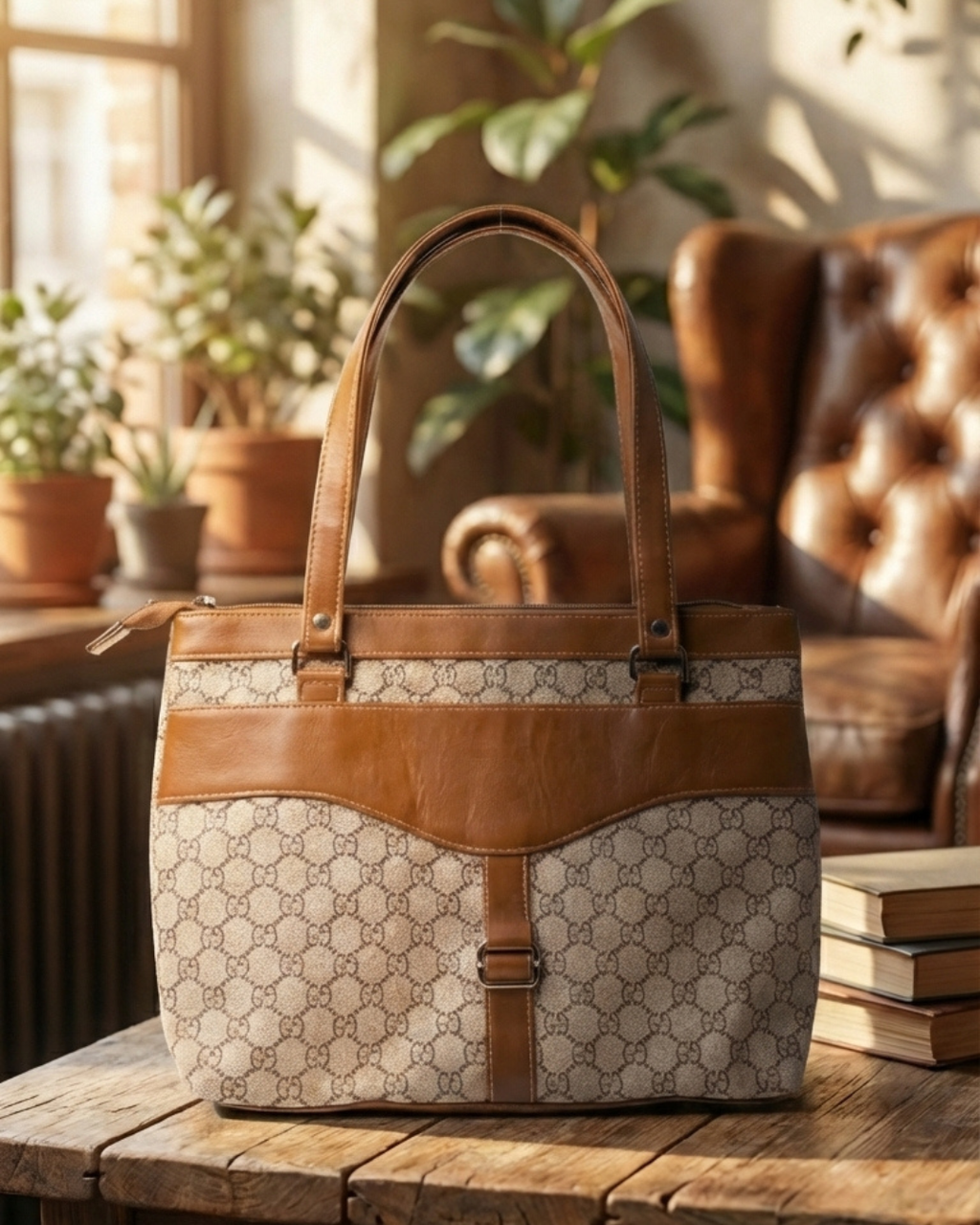 Beige Monogram Shoulder Bag Faux Leather Handles for Women