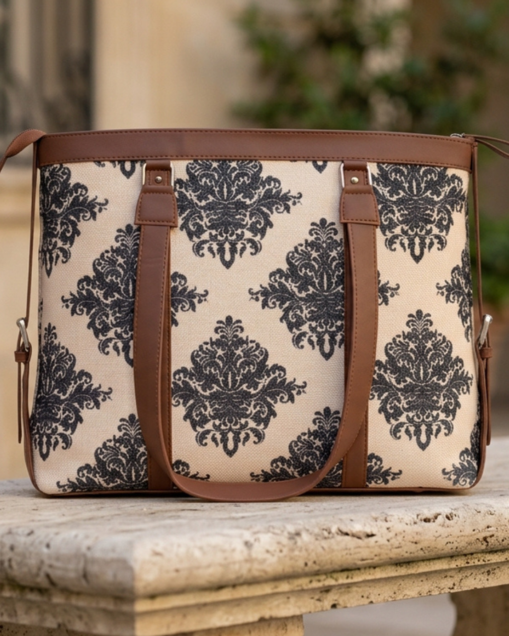 Beige & Black Damask office bag for women