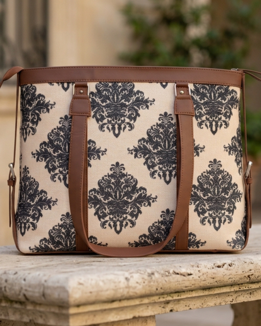 Beige & Black Damask office bag for women