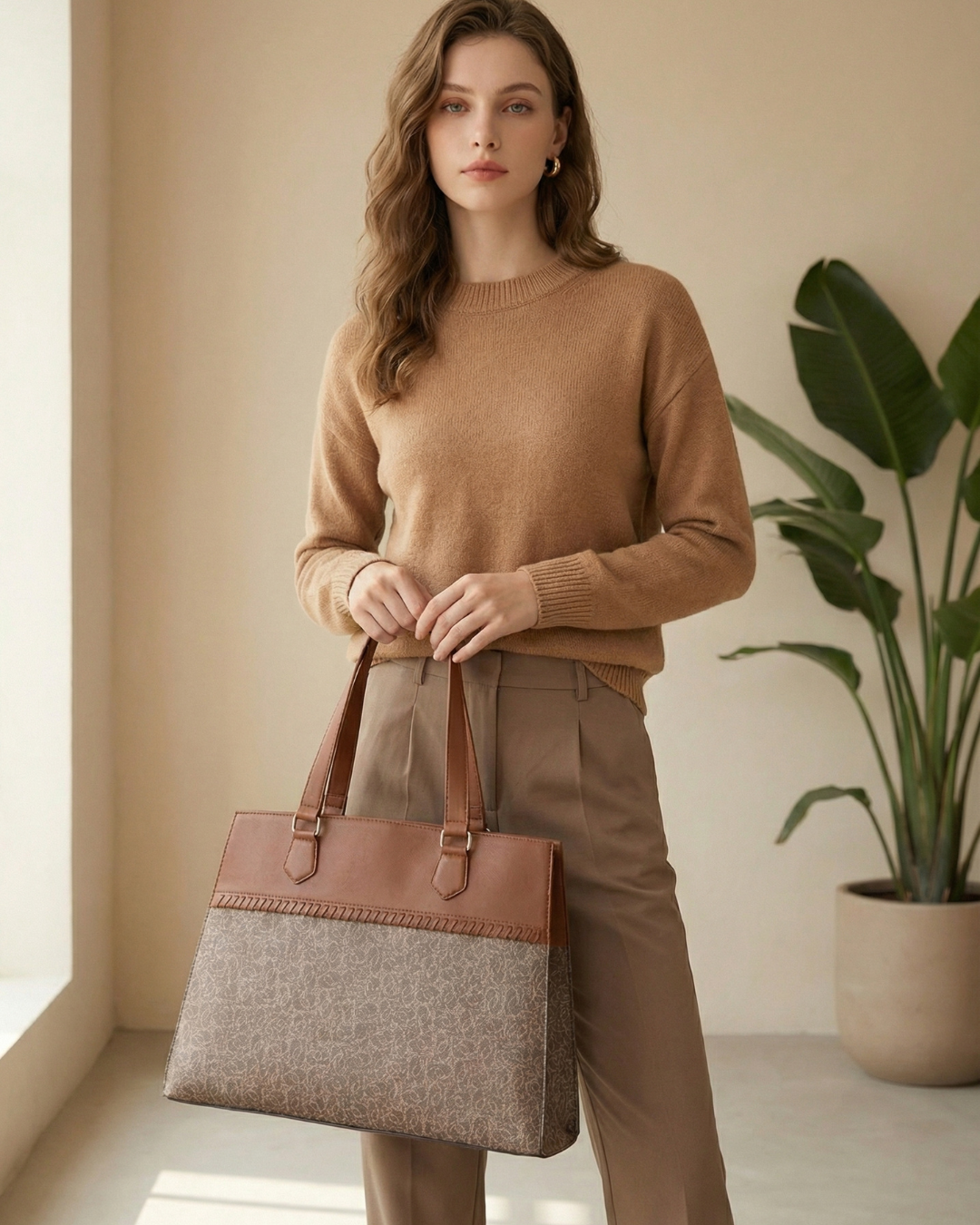 Subtle Brown Textured Monogram Premium Faux Leather Professional Handbag for Women