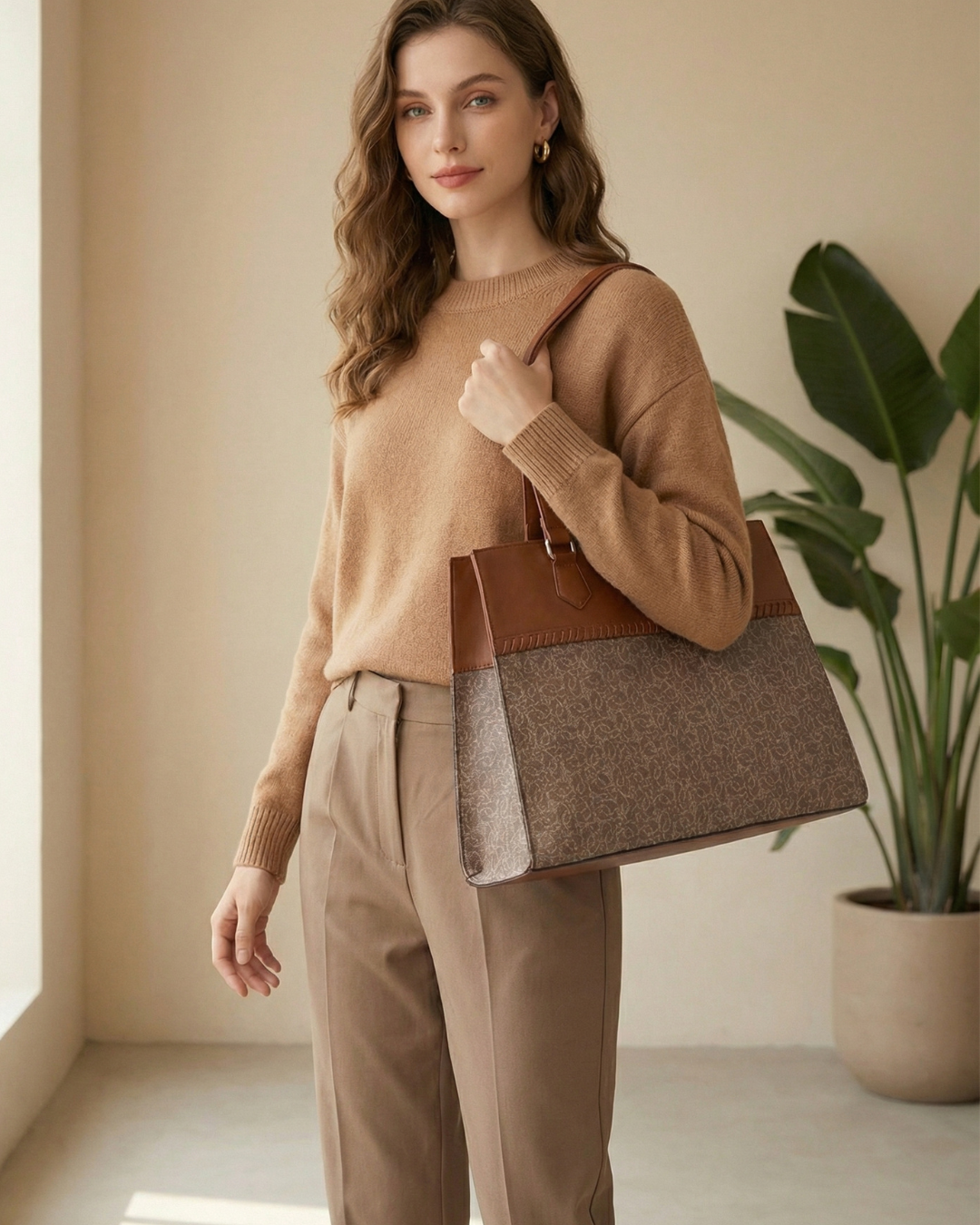 Subtle Brown Textured Monogram Premium Faux Leather Professional Handbag for Women