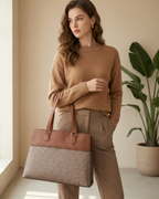 Subtle Brown Textured Monogram Premium Faux Leather Professional Handbag for Women
