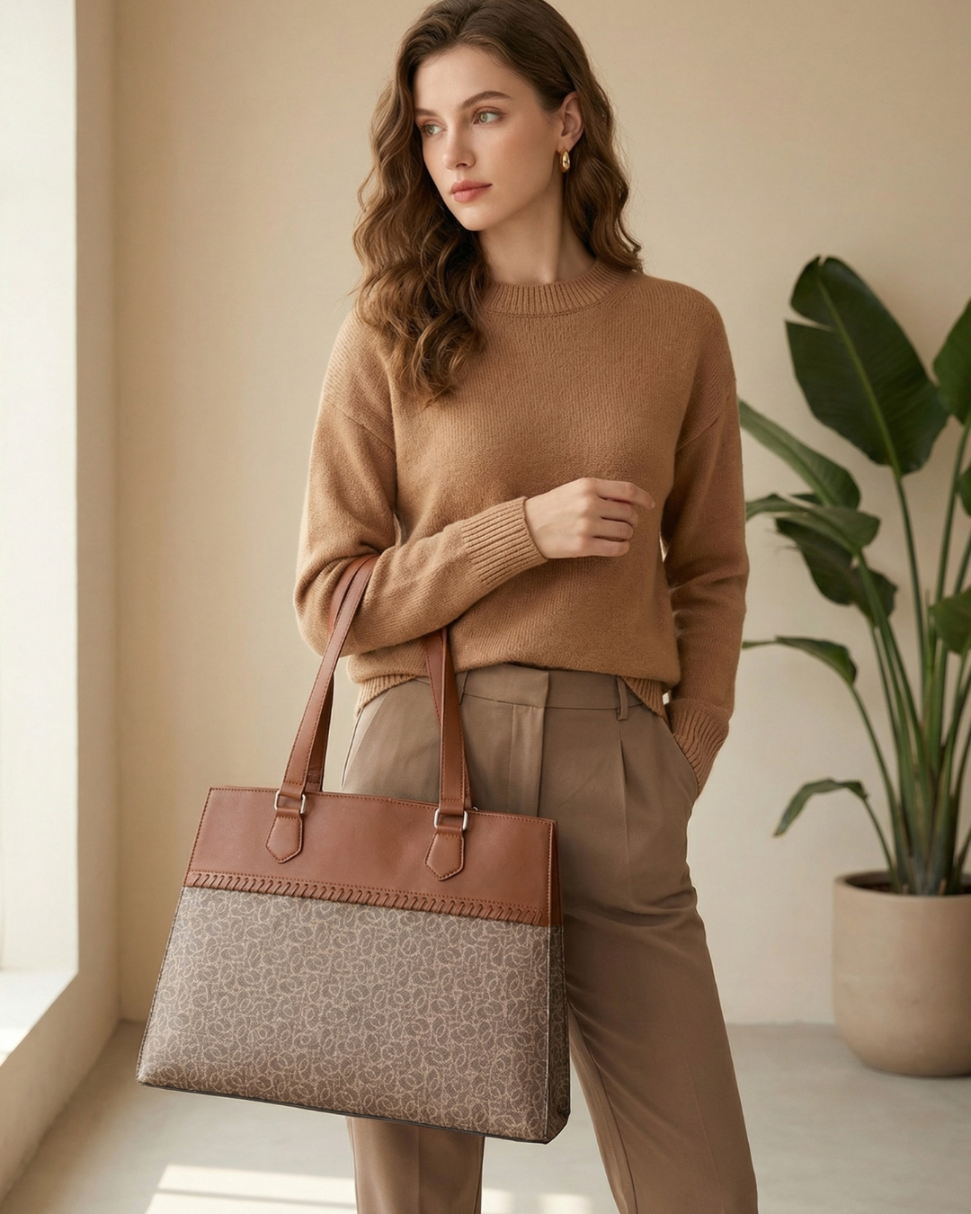 Subtle Brown Textured Monogram Premium Faux Leather Professional Handbag for Women