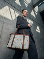 Women's Premium Pastel Floral Canvas Office Tote Bag with Faux Leather Handles & Shoulder Strap