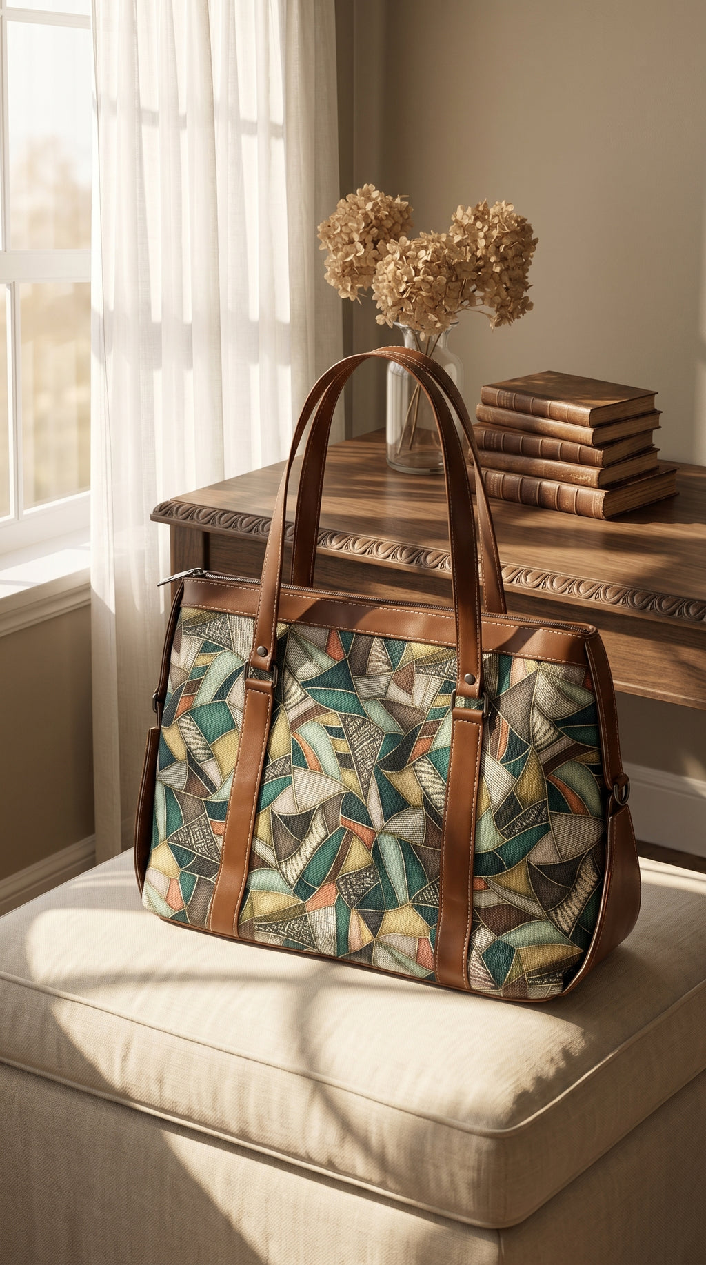 Women's Premium Abstract Geometric Canvas Office Tote Bag with Faux Leather Handles & Shoulder Strap