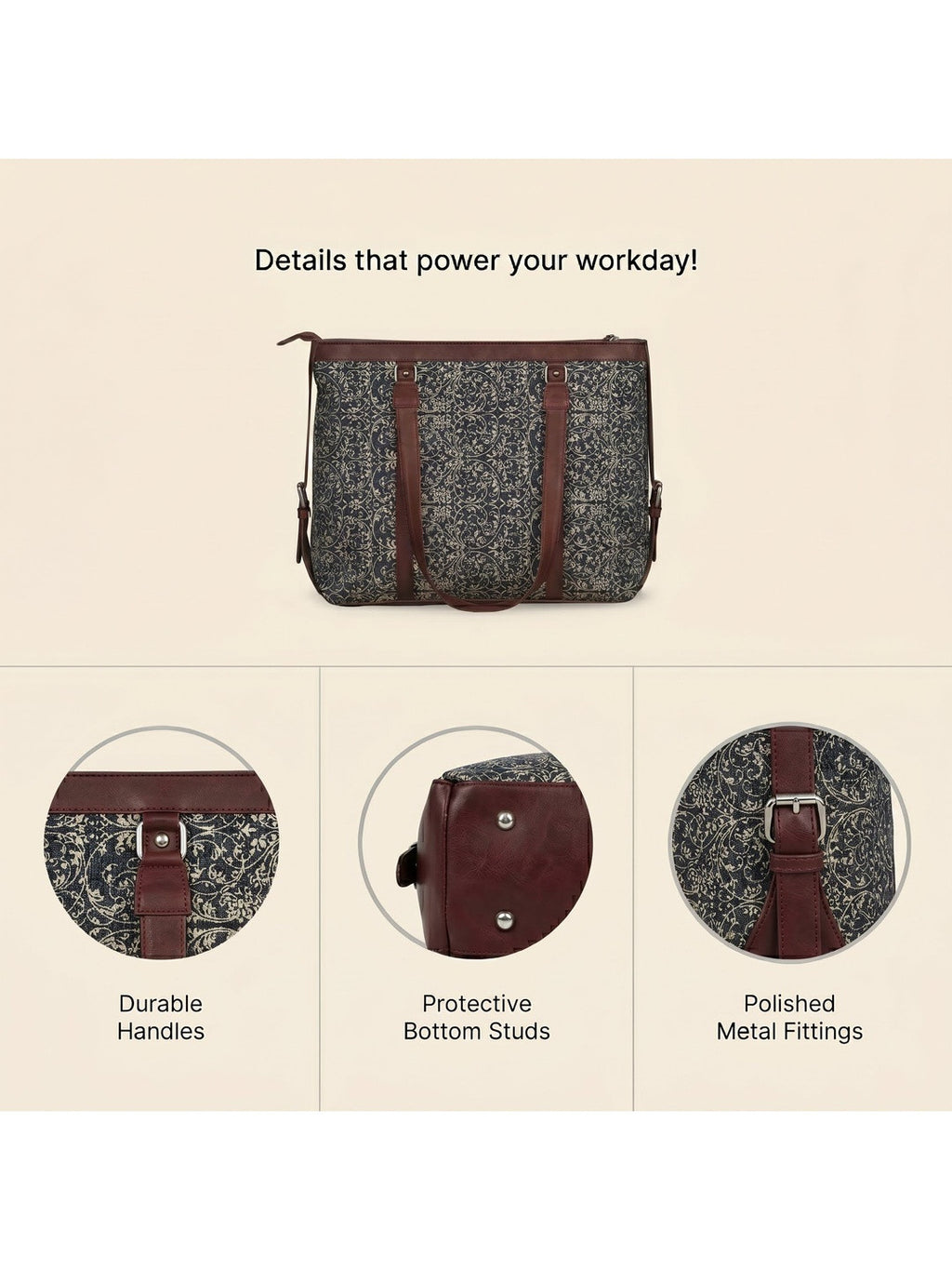 Women's Vintage Floral Canvas Office Tote Bag with Faux Leather Handles | Large Work & Laptop Tote