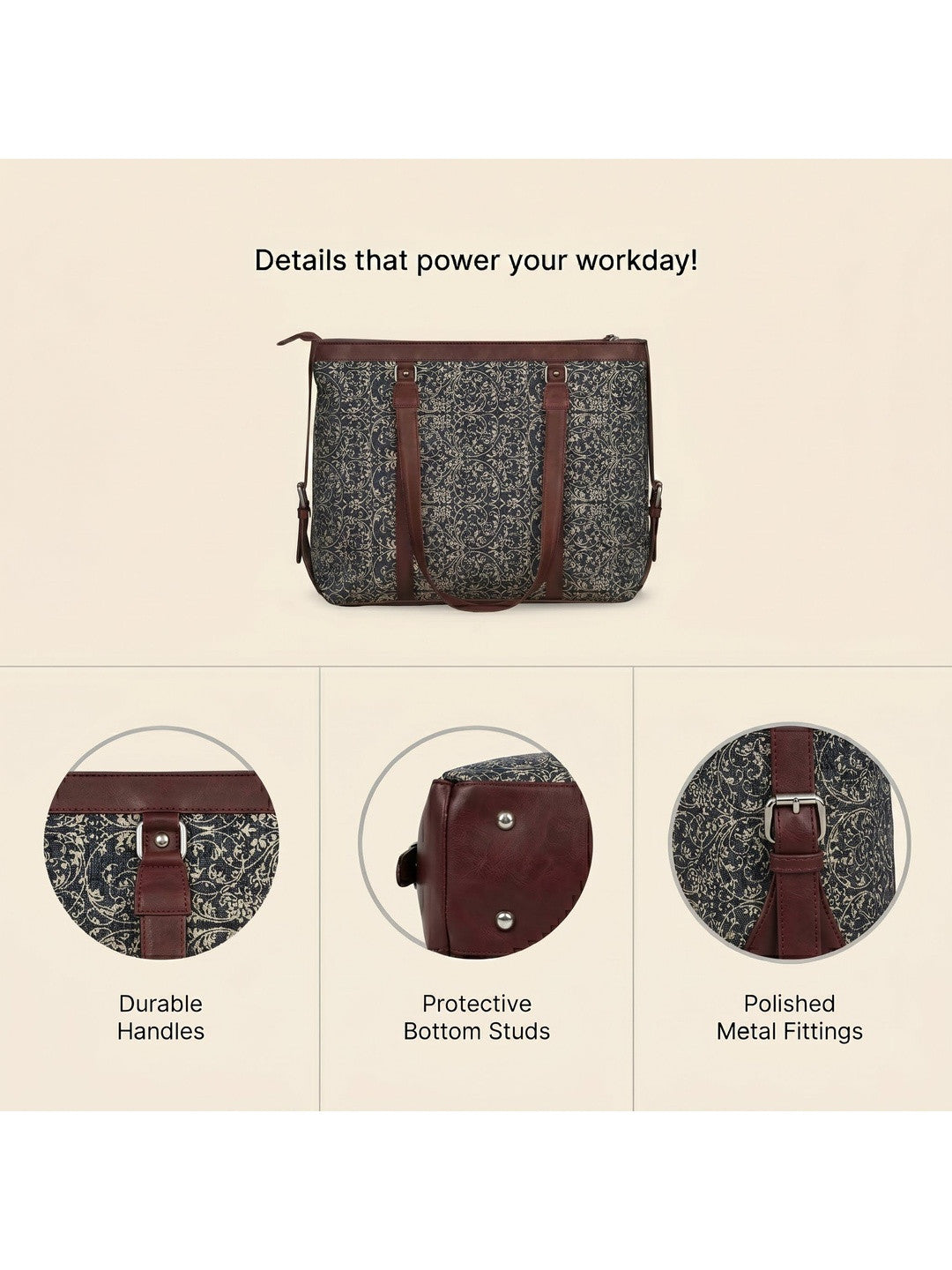 Women's Vintage Floral Canvas Office Tote Bag with Faux Leather Handles | Large Work & Laptop Tote