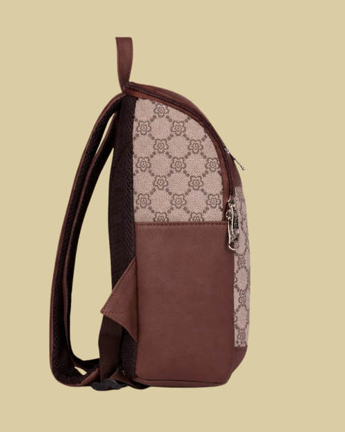 Beige Geometric Backpack with Faux Leather Finish & Laptop Storage