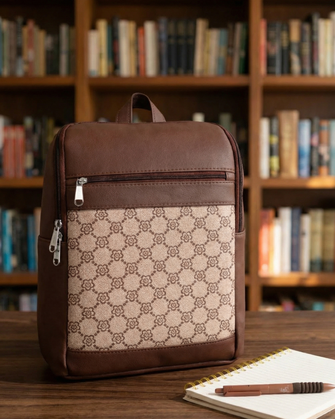 Beige Geometric Backpack with Faux Leather Finish & Laptop Storage