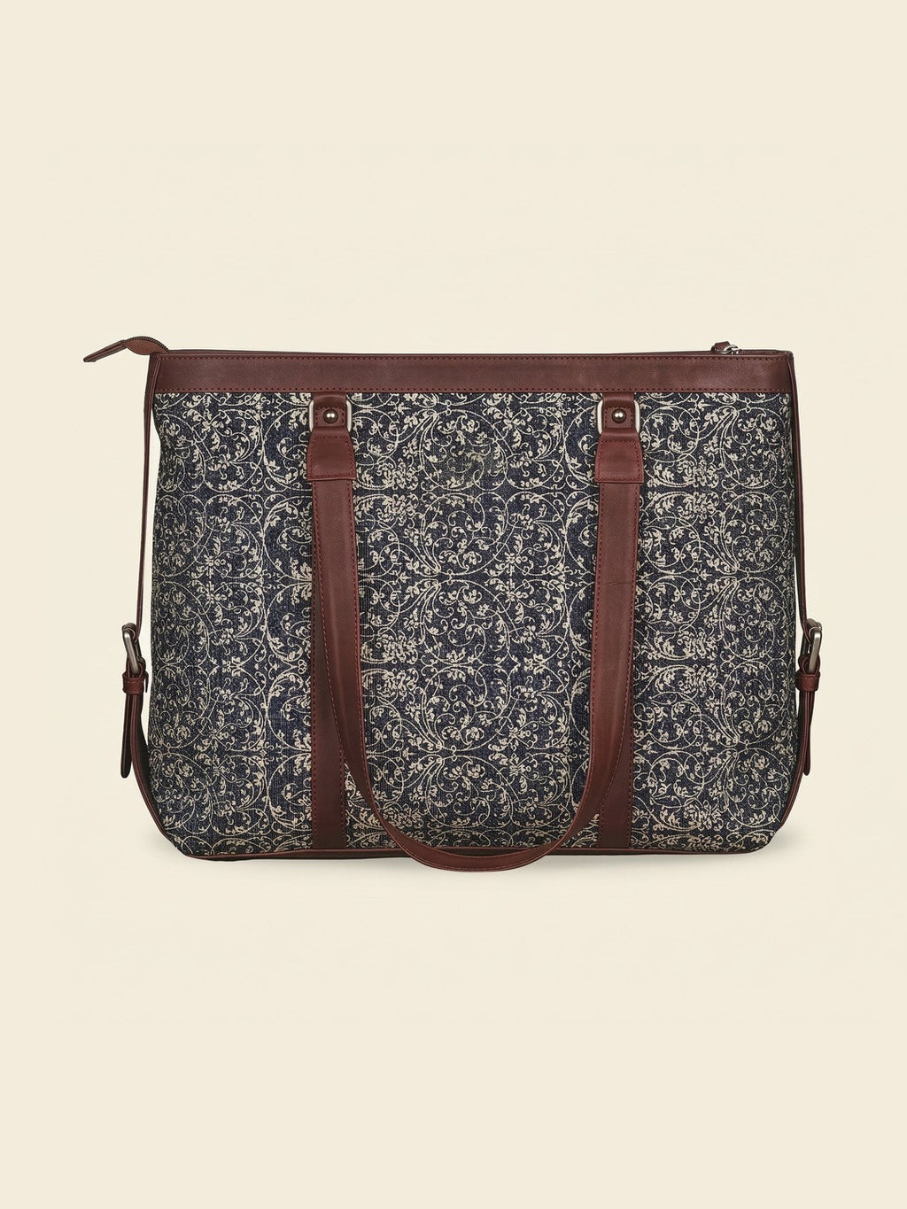 Women's Vintage Floral Canvas Office Tote Bag with Faux Leather Handles | Large Work & Laptop Tote