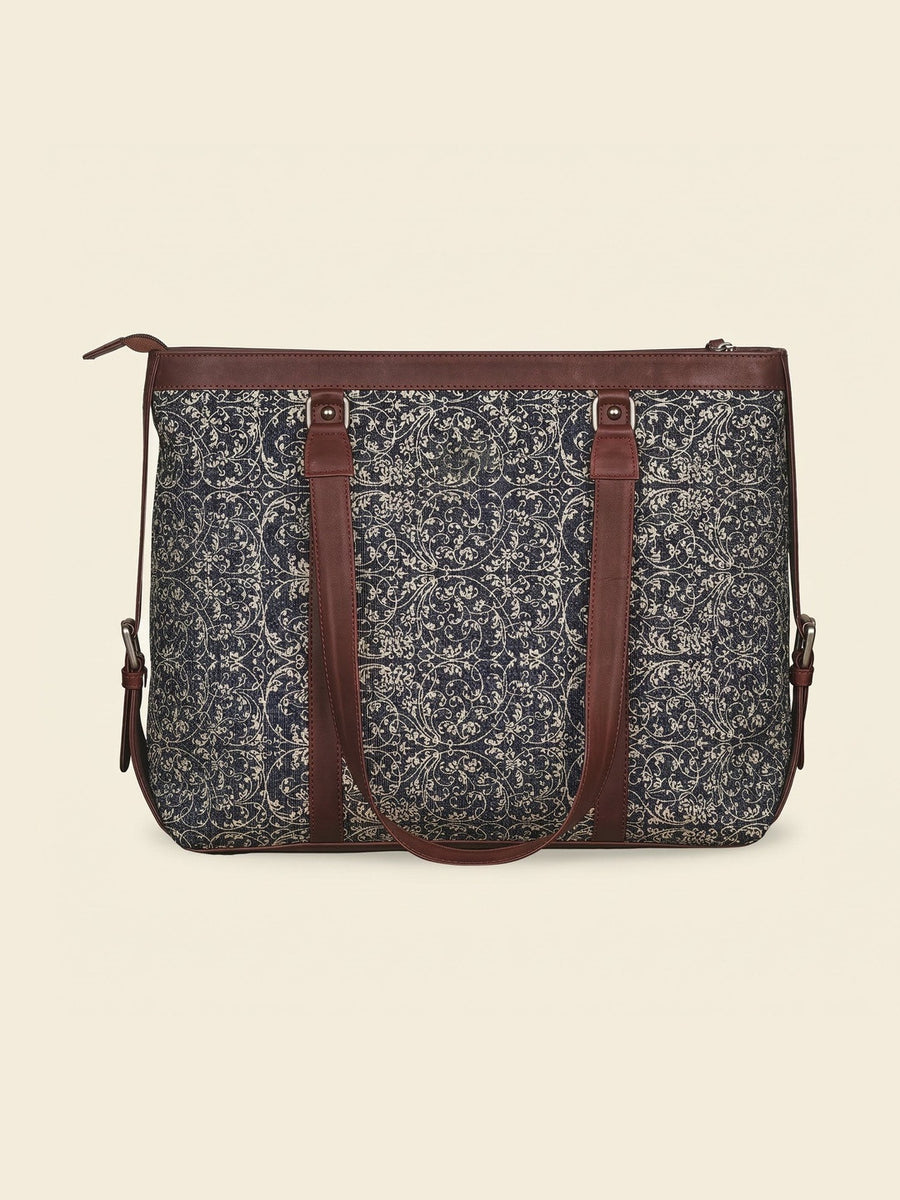 Women's Vintage Floral Canvas Office Tote Bag with Faux Leather Handles | Large Work & Laptop Tote