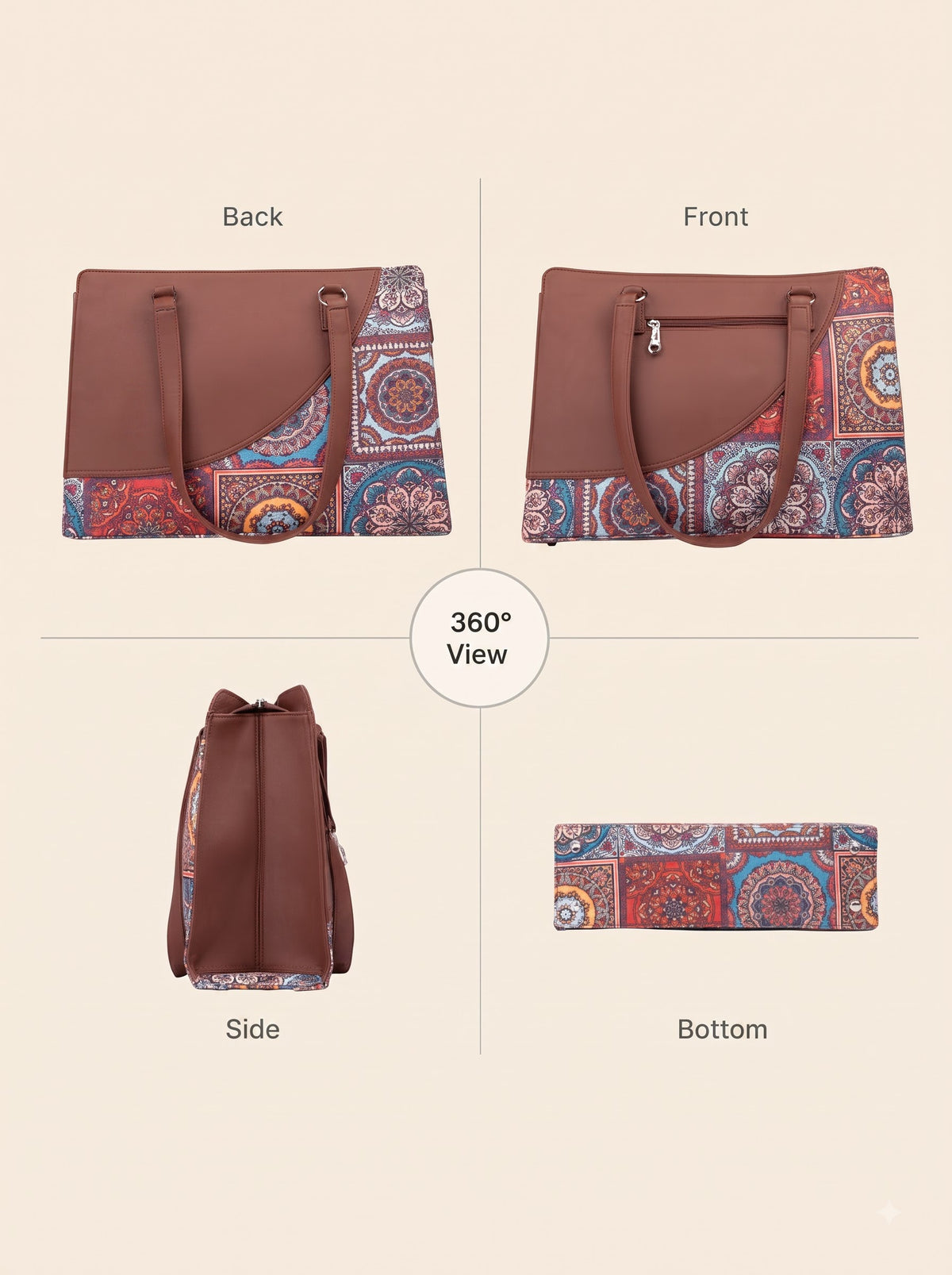 Mandala Premium Brown Faux Leather Finish Office Chic Carry Bag for Women