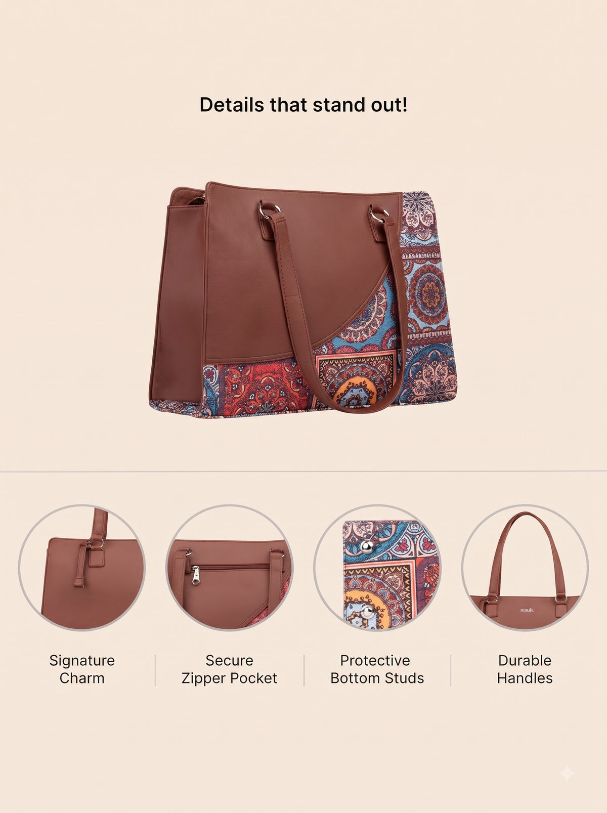 Mandala Premium Brown Faux Leather Finish Office Chic Carry Bag for Women