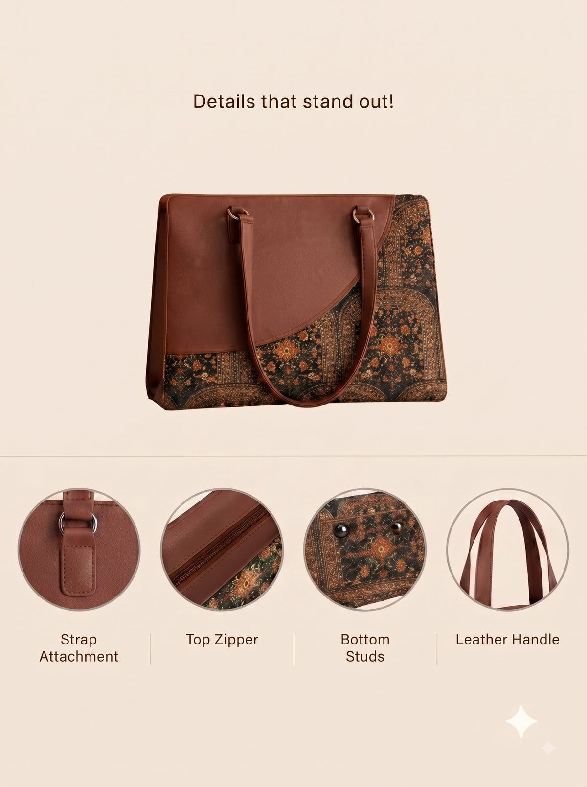 Dark Ethnic Premium Brown Faux Leather Finish Office Chic Carry Bag for Women