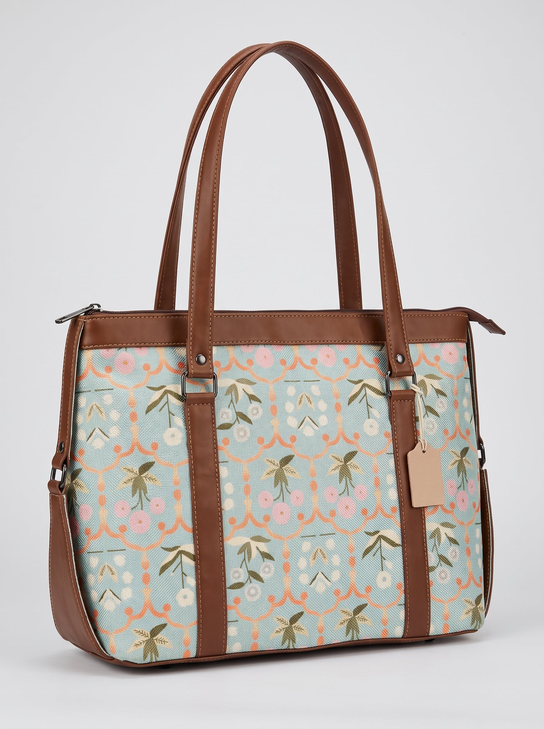 Women's Premium Pastel Floral Canvas Office Tote Bag with Faux Leather Handles & Shoulder Strap